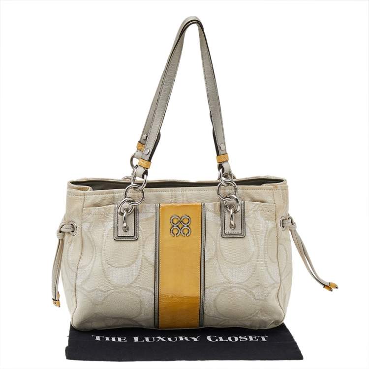 Pre Owned Coach White/Yellow Canvas And Patent Leather Satchel