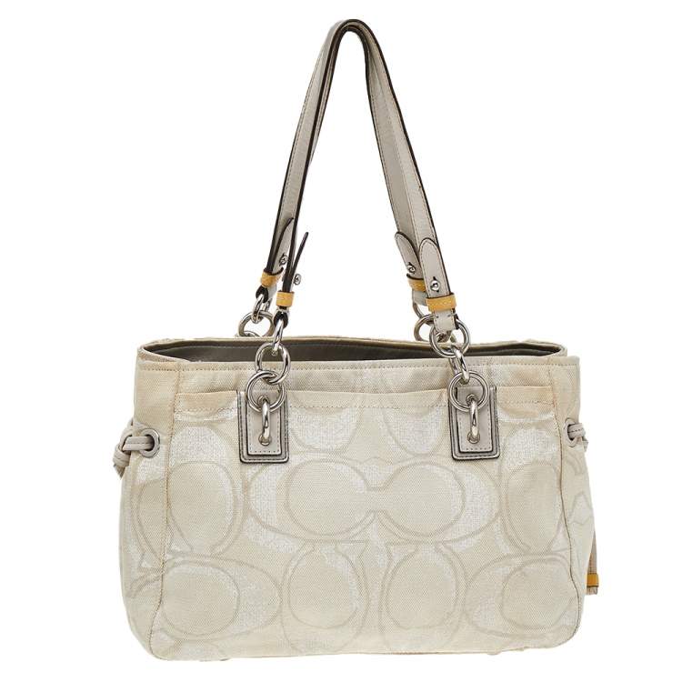 Pre Owned Coach White/Yellow Canvas And Patent Leather Satchel