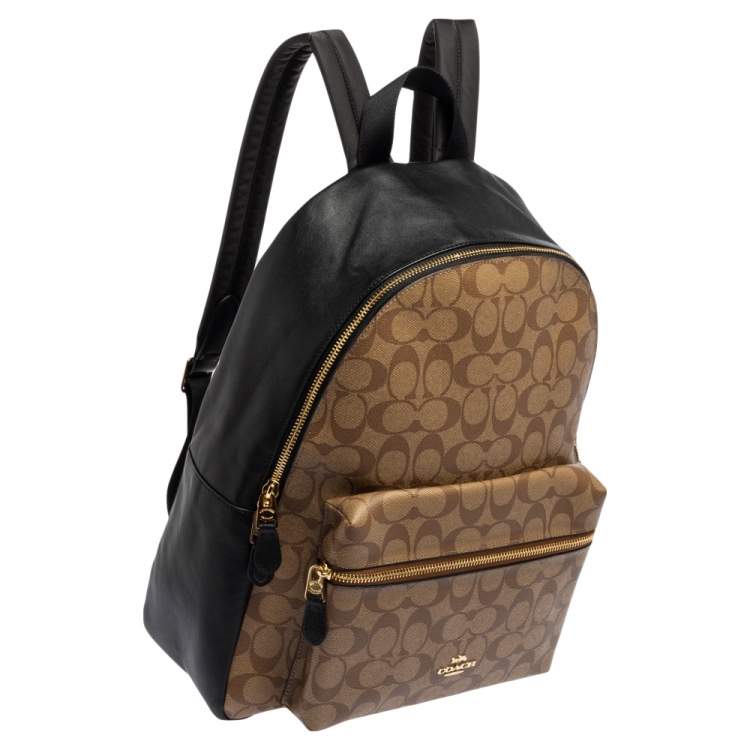 Pre Owned Coach Black/Beige Signature Coated Canvas and Leather Charlie Backpack