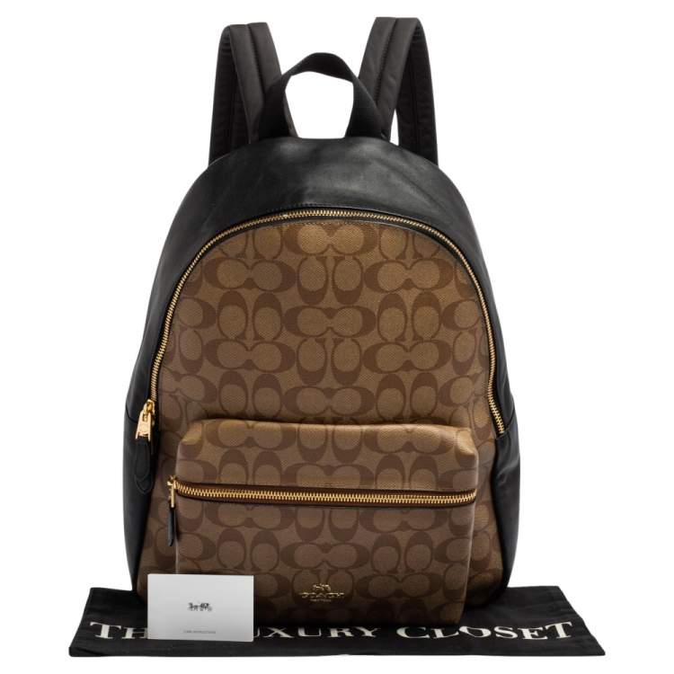 Pre Owned Coach Black/Beige Signature Coated Canvas and Leather Charlie Backpack