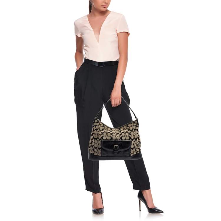 Pre Owned Coach Beige/Black Signature Canvas and Python Embossed Leather Hobo
