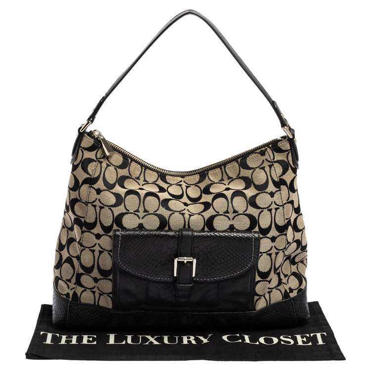 Pre Owned Coach Beige/Black Signature Canvas and Python Embossed Leather Hobo