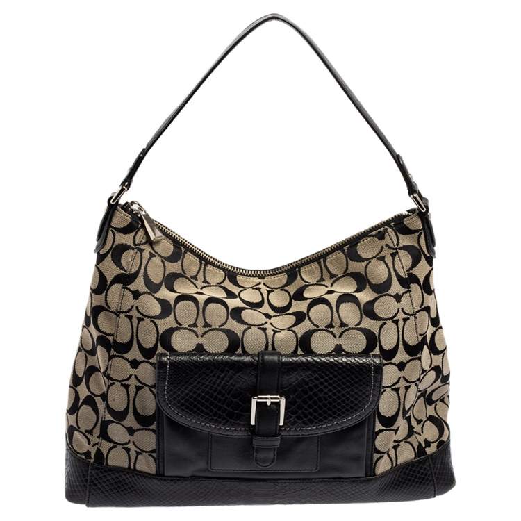 Pre Owned Coach Beige/Black Signature Canvas and Python Embossed Leather Hobo