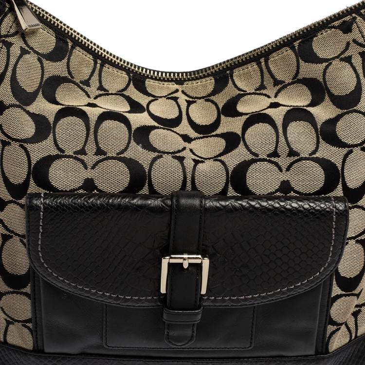 Pre Owned Coach Beige/Black Signature Canvas and Python Embossed Leather Hobo