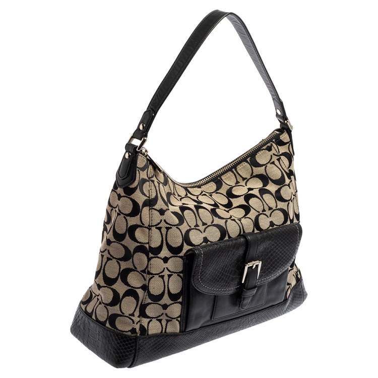 Pre Owned Coach Beige/Black Signature Canvas and Python Embossed Leather Hobo