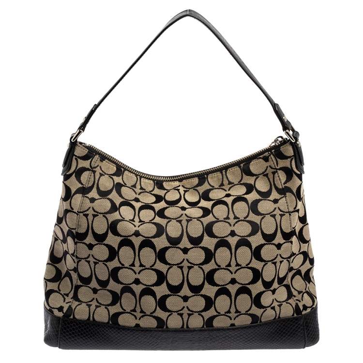 Pre Owned Coach Beige/Black Signature Canvas and Python Embossed Leather Hobo