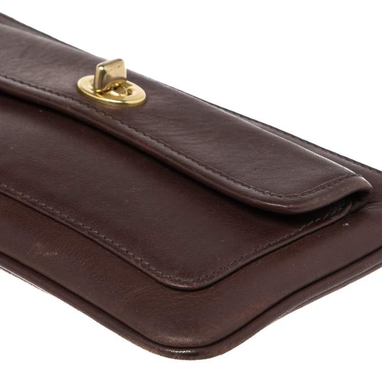 Pre Owned Coach Dark Brown Leather Turnlock Wristlet Pouch