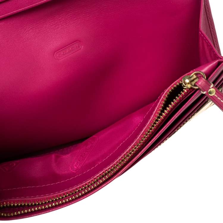 Pre Owned Coach Pink/Beige Signature Canvas and Leather Flap Continental Wallet