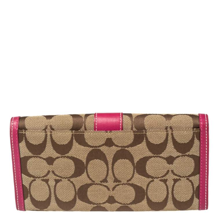 Pre Owned Coach Pink/Beige Signature Canvas and Leather Flap Continental Wallet