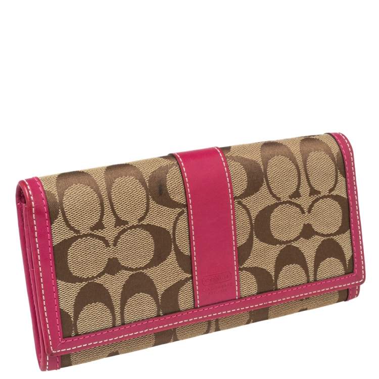 Pre Owned Coach Pink/Beige Signature Canvas and Leather Flap Continental Wallet