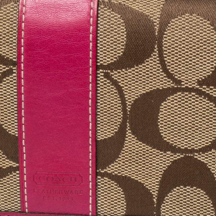 Pre Owned Coach Pink/Beige Signature Canvas and Leather Flap Continental Wallet