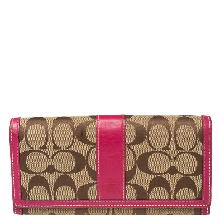 Pre Owned Coach Pink/Beige Signature Canvas and Leather Flap Continental Wallet