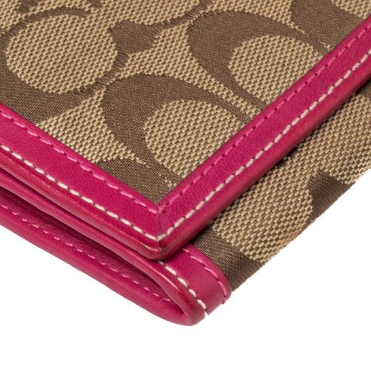 Pre Owned Coach Pink/Beige Signature Canvas and Leather Flap Continental Wallet