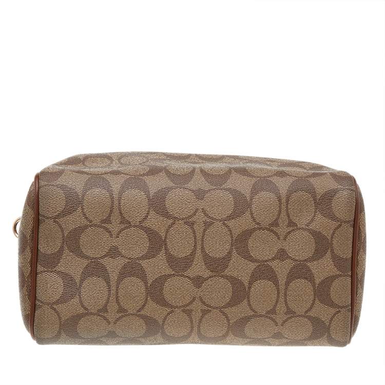 Pre Owned Coach Brown/Beige Signature Coated Canvas And Leather Carryall Boston Bag
