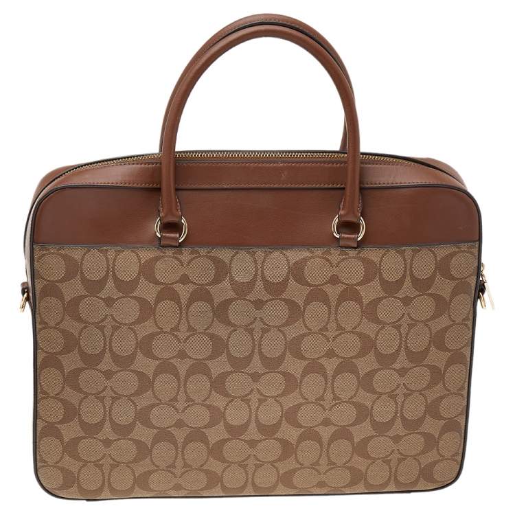 Pre Owned Coach Brown/Beige Signature Coated Canvas And Leather Laptop Bag