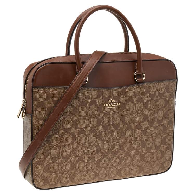 Pre Owned Coach Brown/Beige Signature Coated Canvas And Leather Laptop Bag