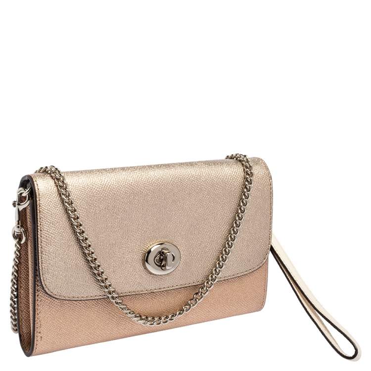 مملوكة مسبقًا Coach Metallic Rose-Gold, Gold Leather Wallet on Chain 
