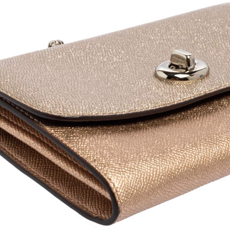 مملوكة مسبقًا Coach Metallic Rose-Gold, Gold Leather Wallet on Chain 
