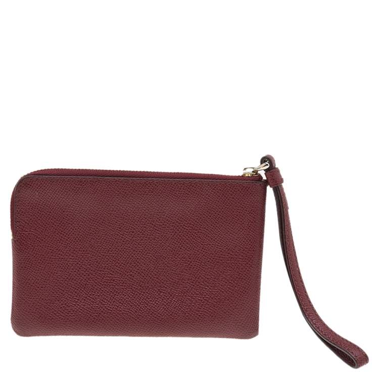 Pre Owned Coach Burgundy Leather Card Case Wristlet