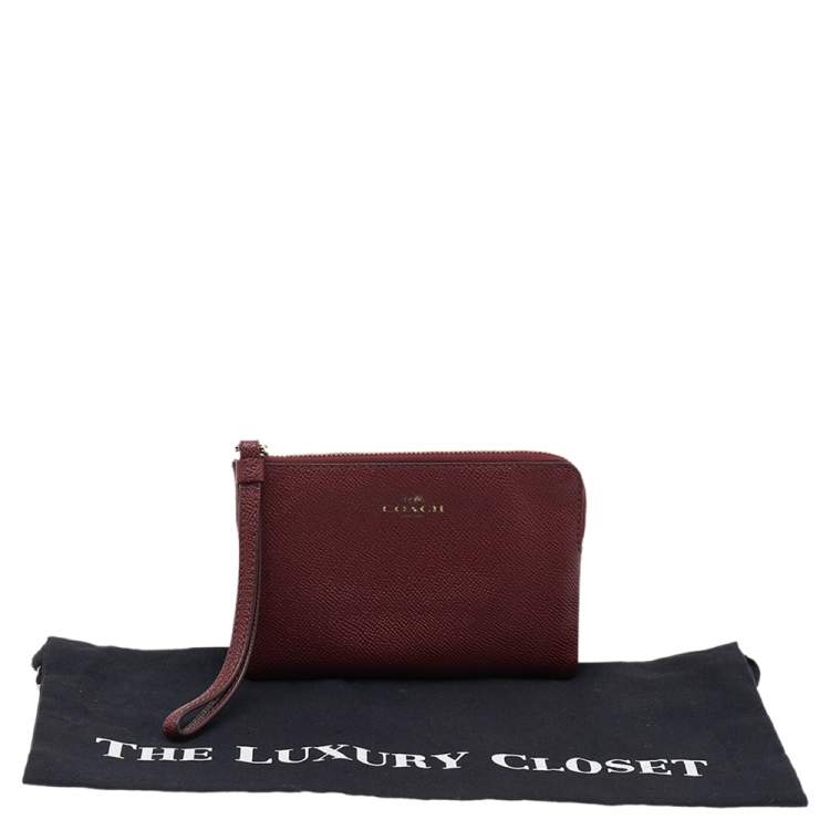 Pre Owned Coach Burgundy Leather Card Case Wristlet