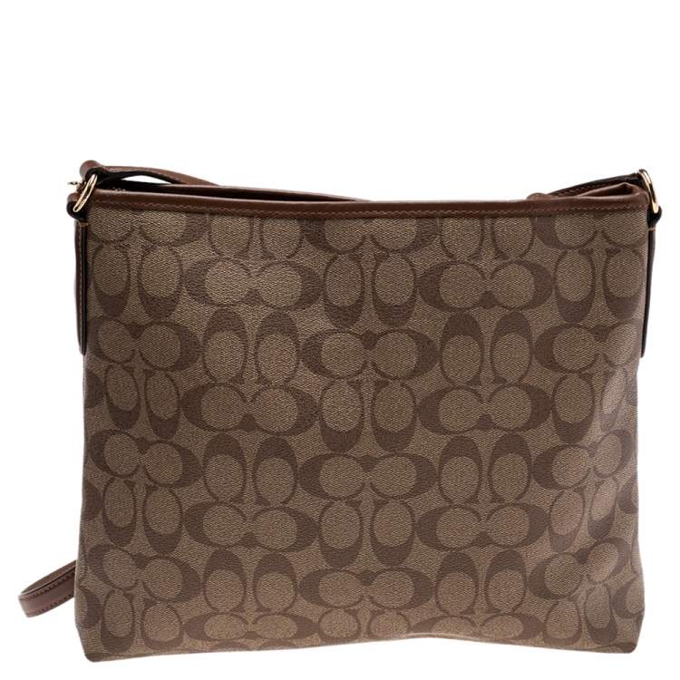 Pre Owned Coach Brown Signature Coated Canvas and Leather Trim Messenger Bag
