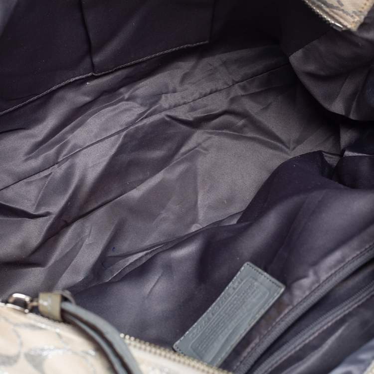 Pre Owned Coach Metallic Grey/Silver Signature Canvas and Patent Leather Tote