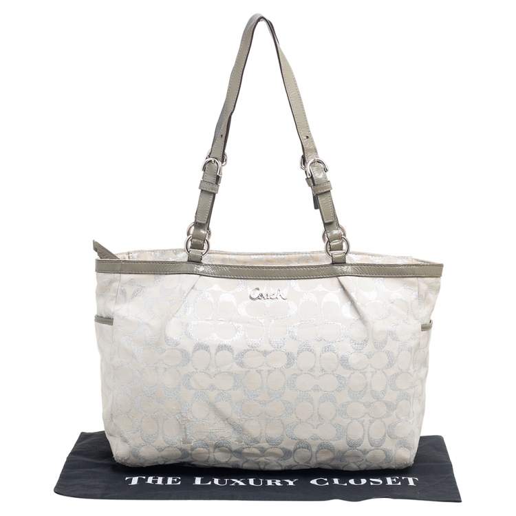 Pre Owned Coach Metallic Grey/Silver Signature Canvas and Patent Leather Tote