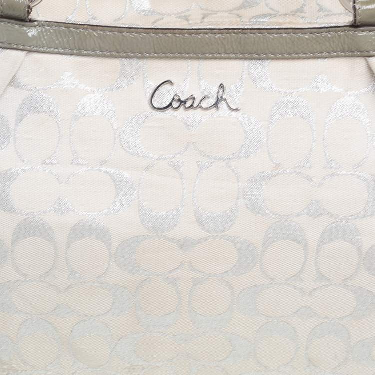 Pre Owned Coach Metallic Grey/Silver Signature Canvas and Patent Leather Tote