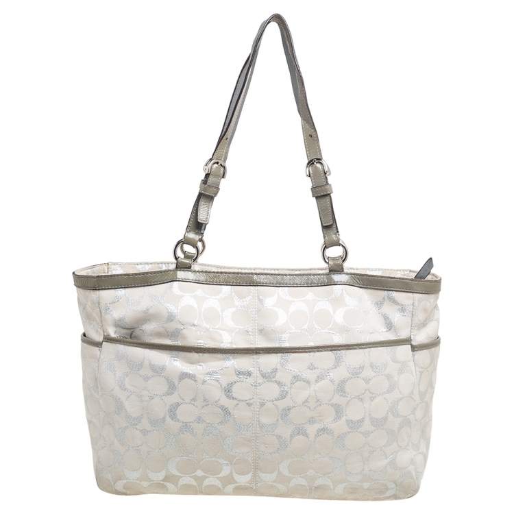 Pre Owned Coach Metallic Grey/Silver Signature Canvas and Patent Leather Tote