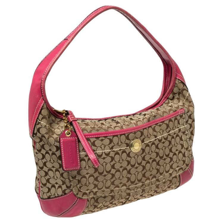 مملوكة مسبقًا Coach Pink/Beige Signature Canvas and Leather Zip Hobo