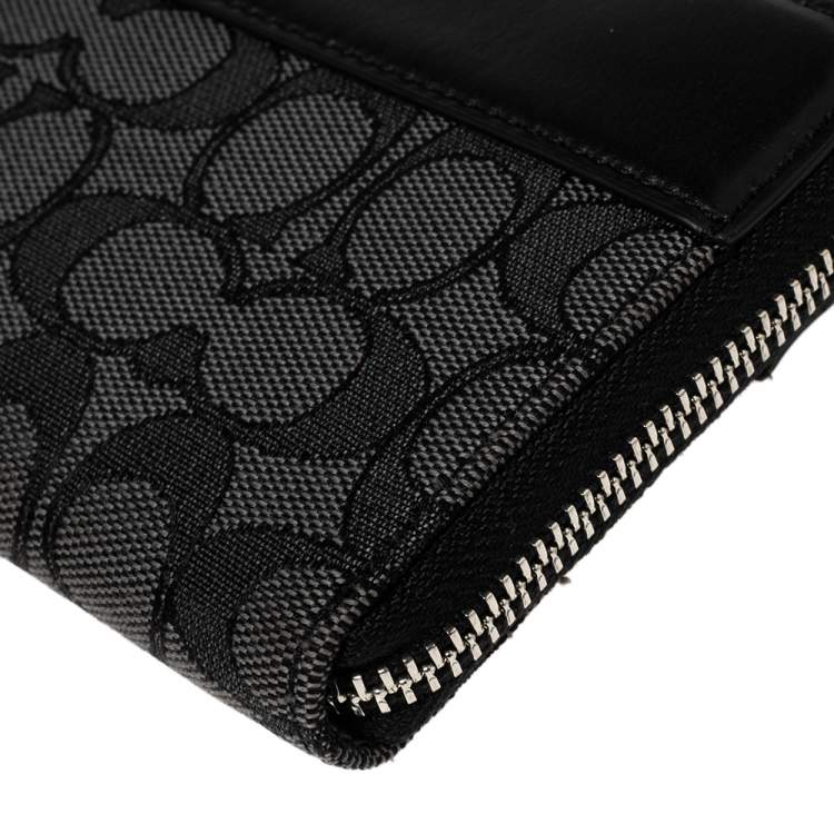 Pre Owned Coach Black Canvas and Leather Accordion Zip Around Wallet