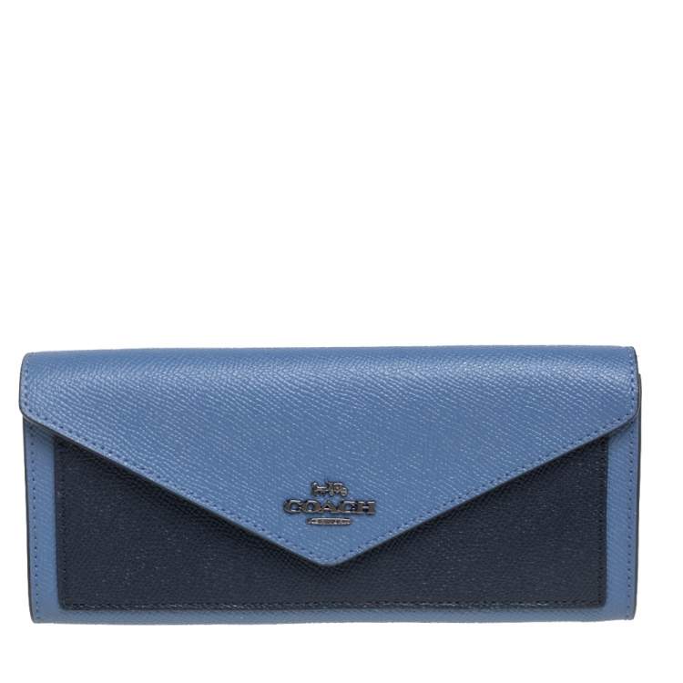 Pre Owned Coach Two Tone Blue Leather Envelope Flap Continental Wallet