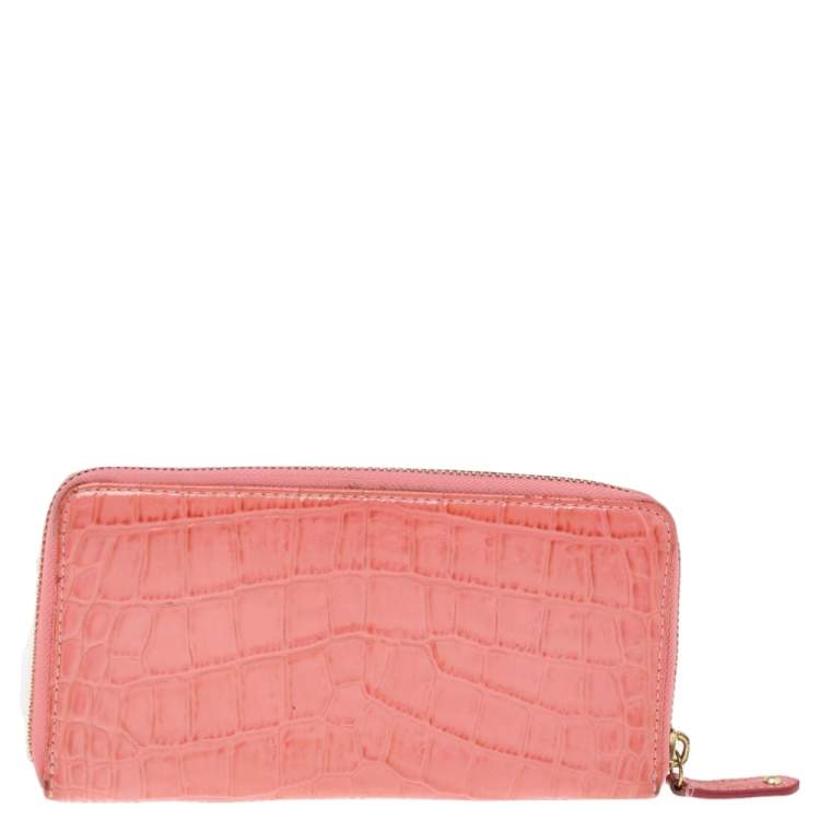 Pre Owned Coach Coral Pink Croc Embossed Leather Zip Around Wallet