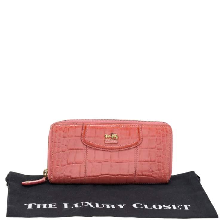 Pre Owned Coach Coral Pink Croc Embossed Leather Zip Around Wallet