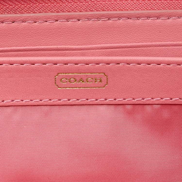 Pre Owned Coach Coral Pink Croc Embossed Leather Zip Around Wallet