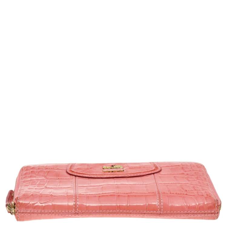 Pre Owned Coach Coral Pink Croc Embossed Leather Zip Around Wallet