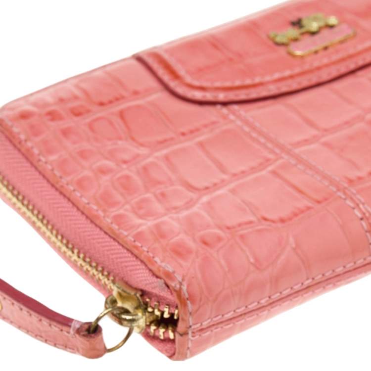 Pre Owned Coach Coral Pink Croc Embossed Leather Zip Around Wallet