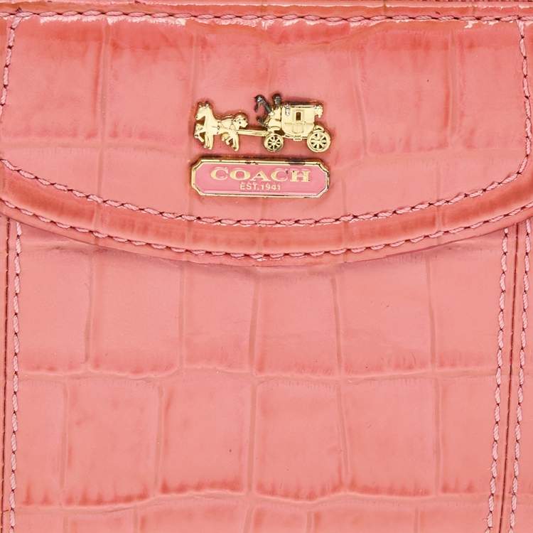 Pre Owned Coach Coral Pink Croc Embossed Leather Zip Around Wallet