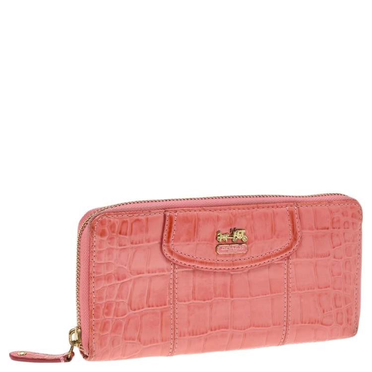 Pre Owned Coach Coral Pink Croc Embossed Leather Zip Around Wallet