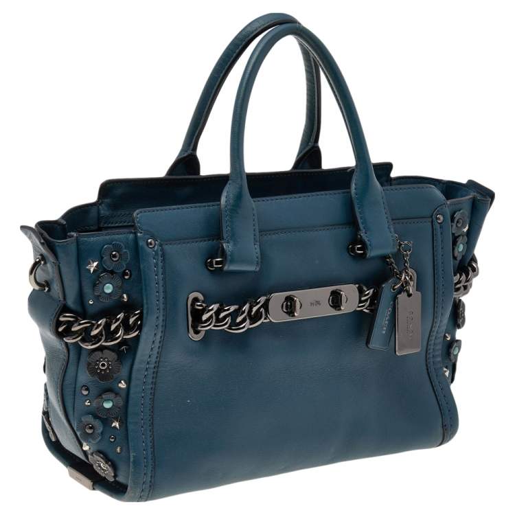 Pre Owned Coach Blue Patch Embellished Leather Swagger 27 Carryall Satchel