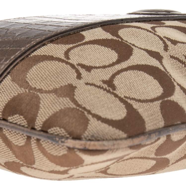 Pre Owned Coach Beige/Brown Signature Canvas and Croc Embossed Leather Swingpack Messenger Bag