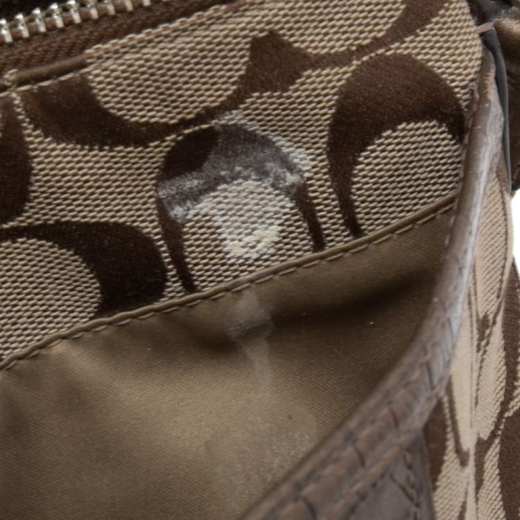 Pre Owned Coach Beige/Brown Signature Canvas and Croc Embossed Leather Swingpack Messenger Bag