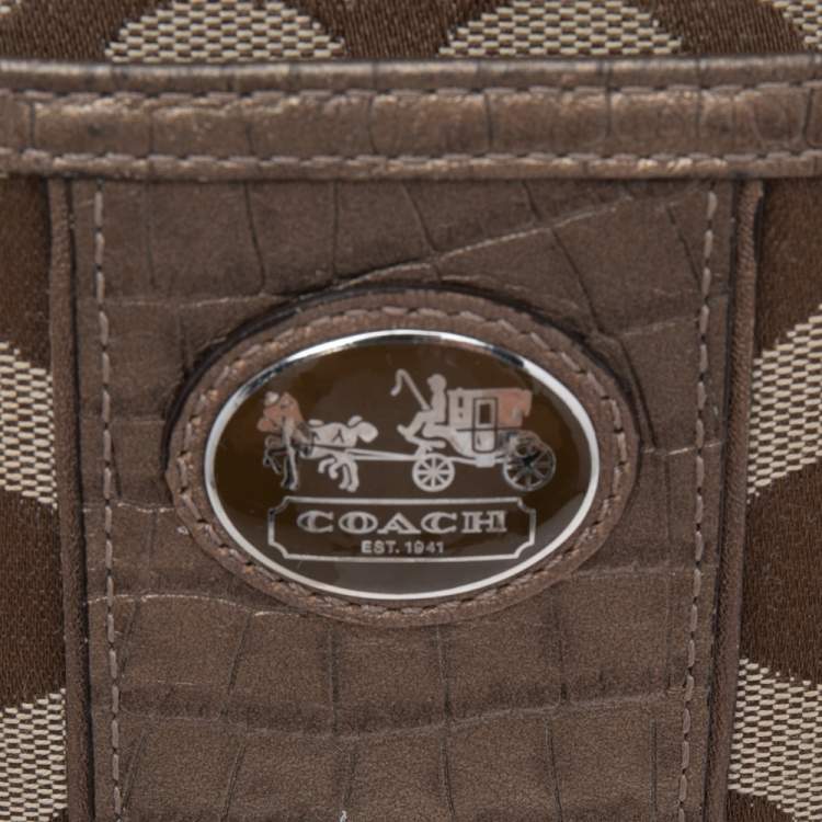 Pre Owned Coach Beige/Brown Signature Canvas and Croc Embossed Leather Swingpack Messenger Bag