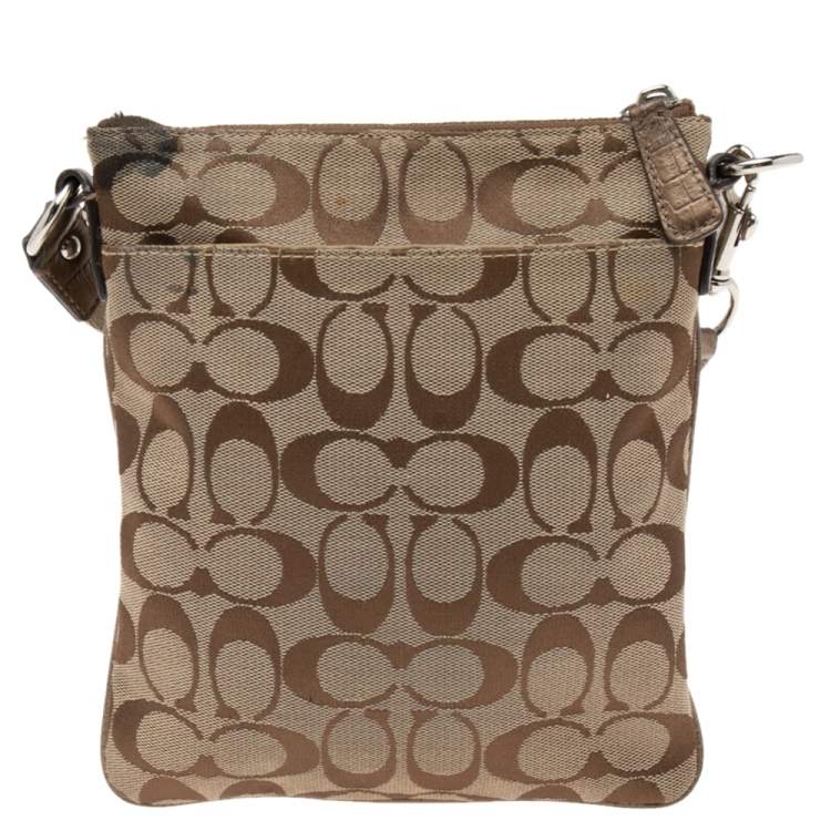 Pre Owned Coach Beige/Brown Signature Canvas and Croc Embossed Leather Swingpack Messenger Bag