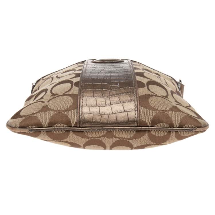 Pre Owned Coach Beige/Brown Signature Canvas and Croc Embossed Leather Swingpack Messenger Bag