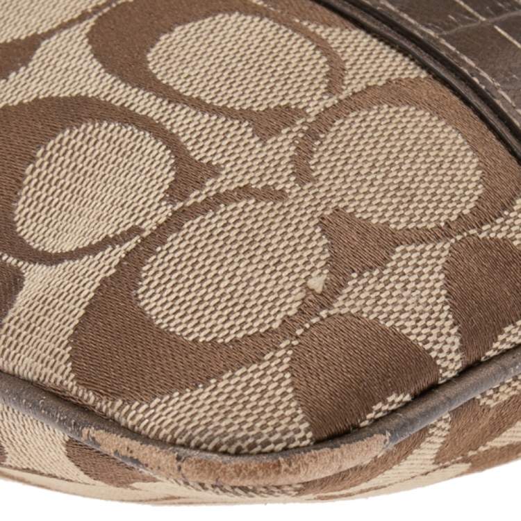 Pre Owned Coach Beige/Brown Signature Canvas and Croc Embossed Leather Swingpack Messenger Bag