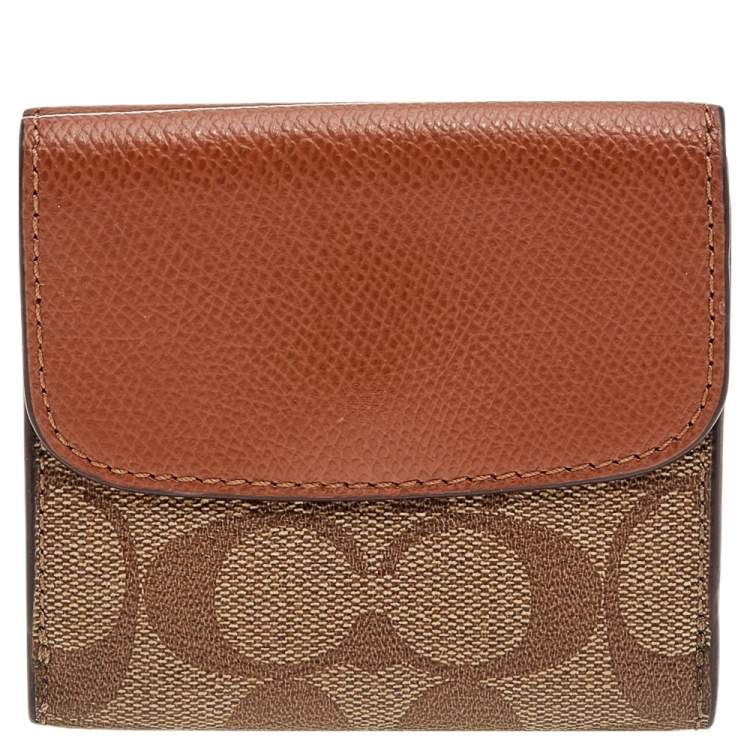 Pre Owned Coach Brown Signature Coated Canvas and Leather Trifold Wallet