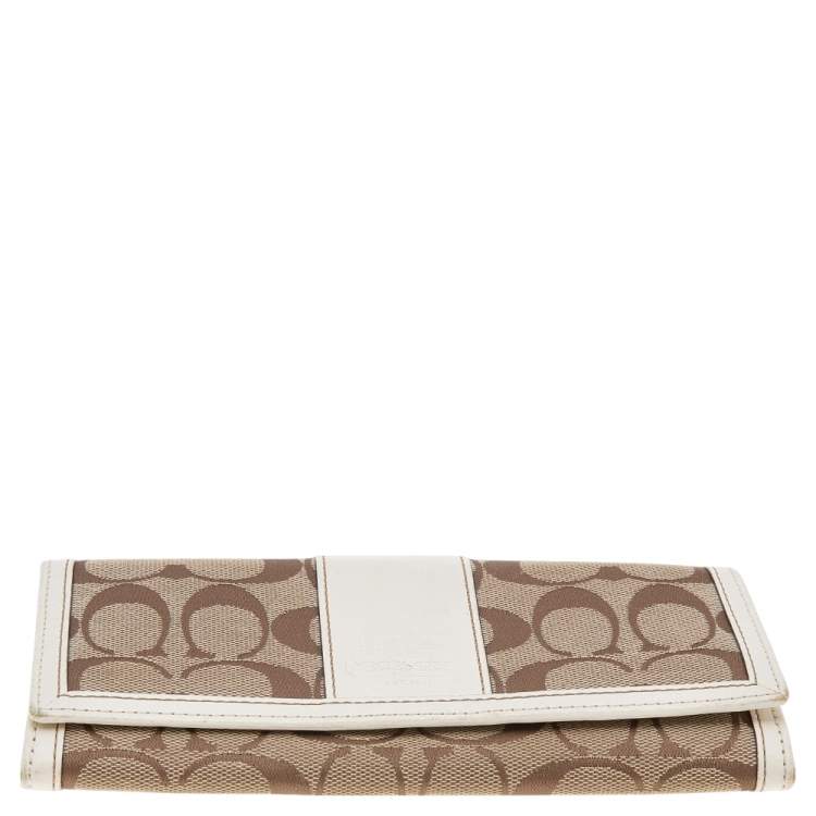 Pre Owned Coach Beige/White Canvas and Leather Flap Continental Wallet