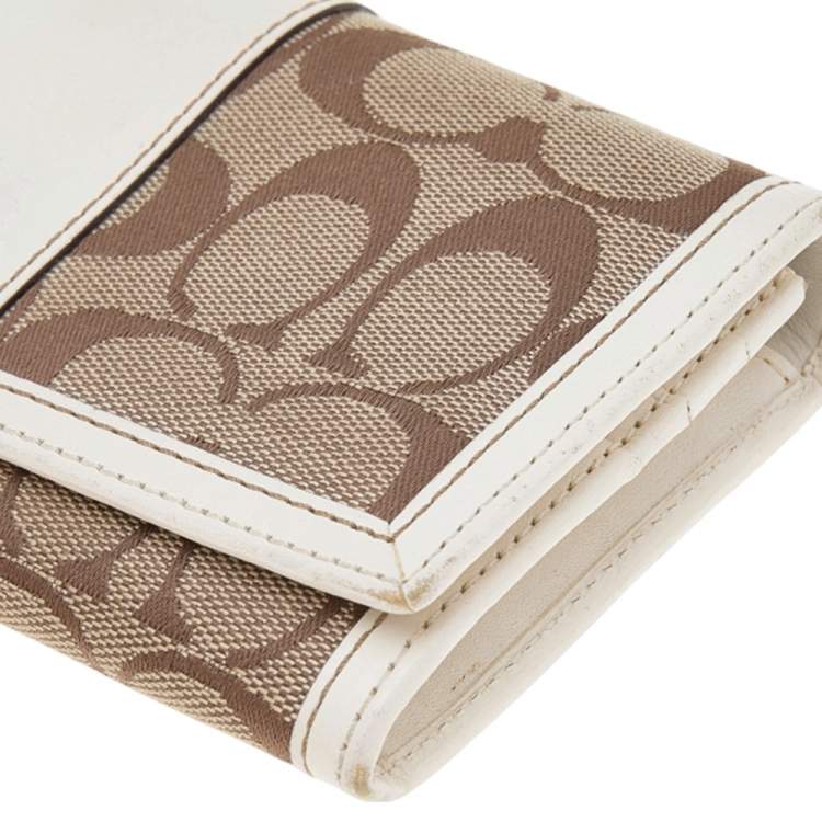 Pre Owned Coach Beige/White Canvas and Leather Flap Continental Wallet