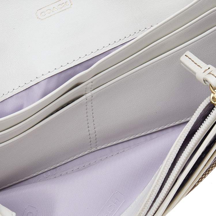 Pre Owned Coach Beige/White Canvas and Leather Flap Continental Wallet